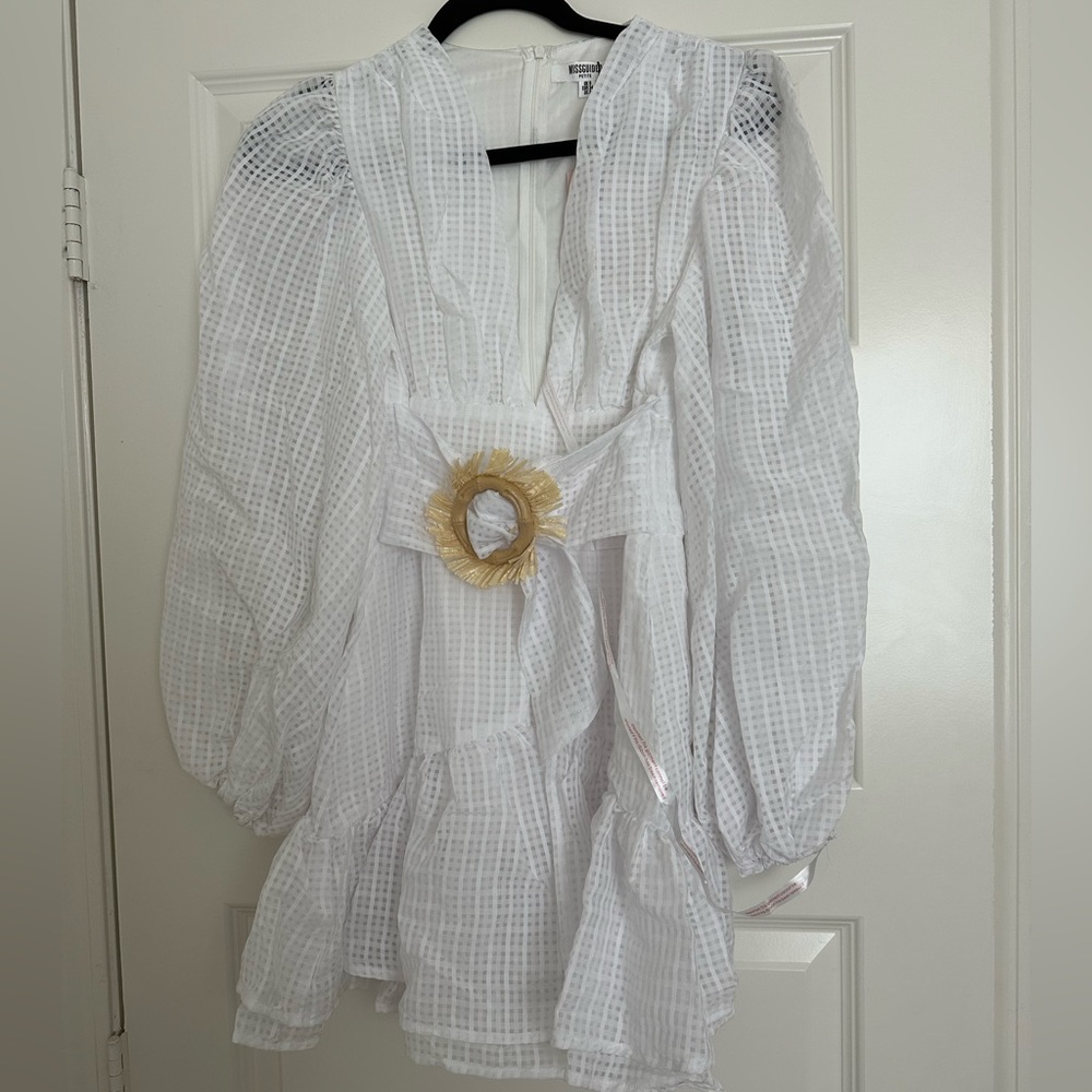 Brand new Missguided white, long sleeve, ruffled mini dress with belt